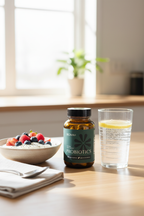 BIOMA Probiotics amber glass bottle on morning breakfast table with yogurt fresh berries and glass of water