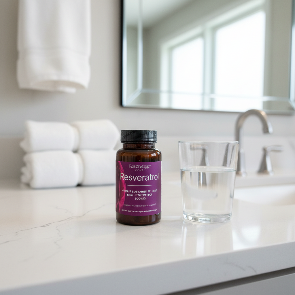 Reserveage Resveratrol 500mg on white quartz makeup vanity in upscale master suite with glass of water