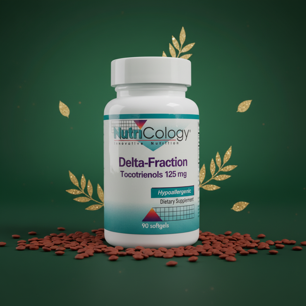 NutriCology Delta-Fraction Tocotrienols forest green editorial with annatto seeds and gold botanical accents – More4less Outlet