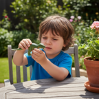 Child outdoors holding a dinosaur figure up to sunlight on a patio with green garden background