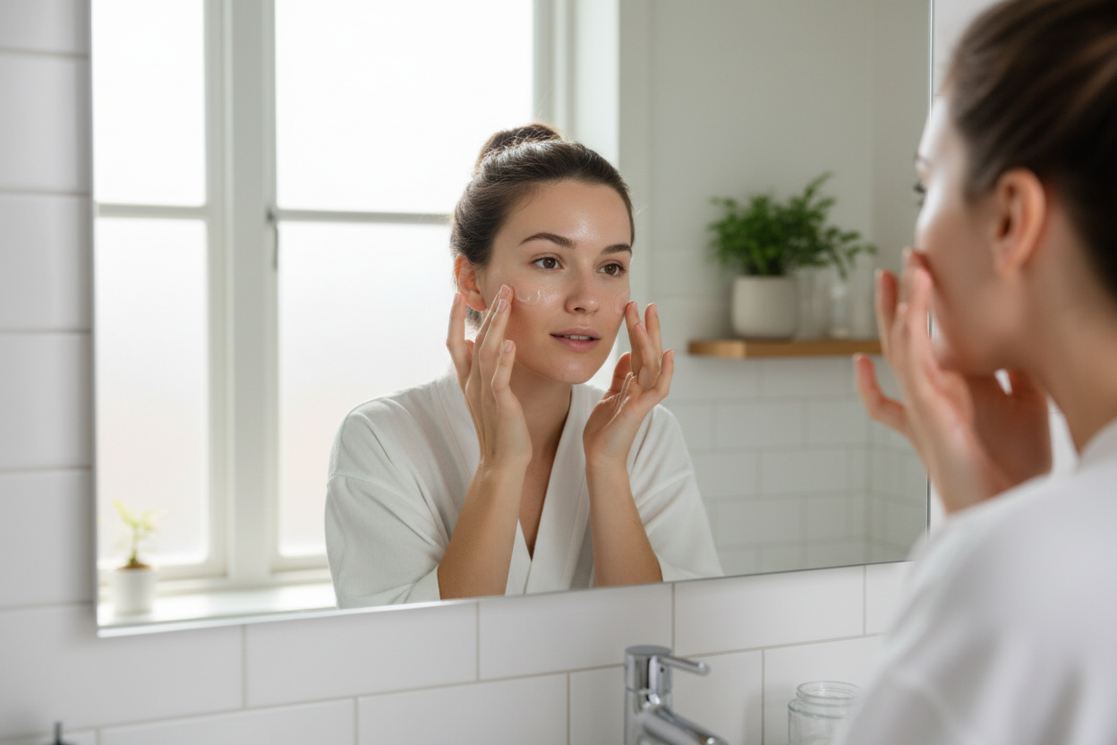 Woman applying lightweight gel moisturizer to face at bathroom mirror - oil-free skincare routine lifestyle