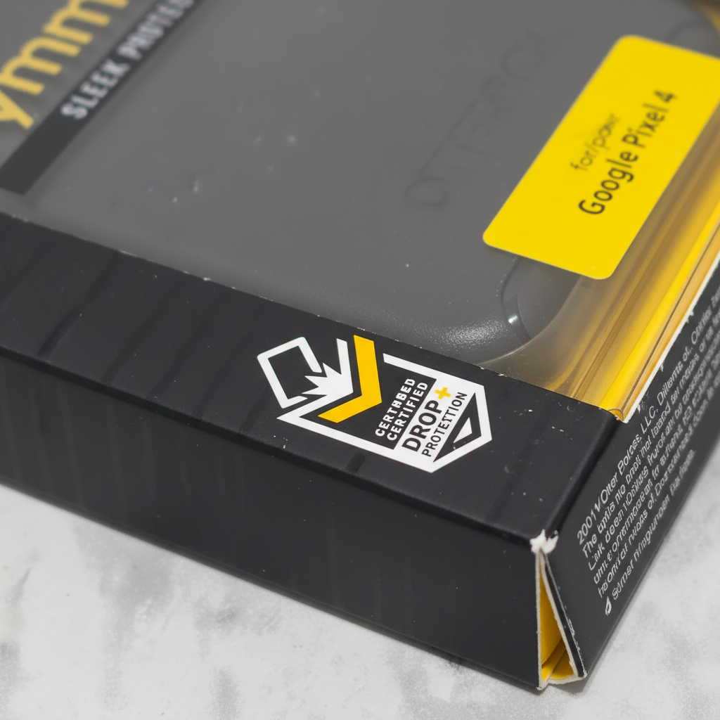 Close-up of OtterBox Certified Drop+ Protection logo badge on Symmetry Series packaging