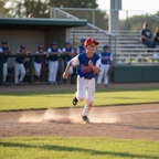 Young boy youth baseball player in uniform running bases during game, youth sports action