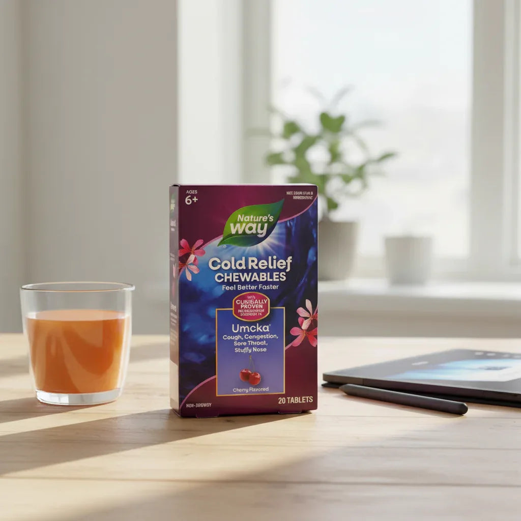 Nature's Way Umcka Cold Relief Cherry Chewables box on wooden morning table with glass of orange juice and professional workspace tablet