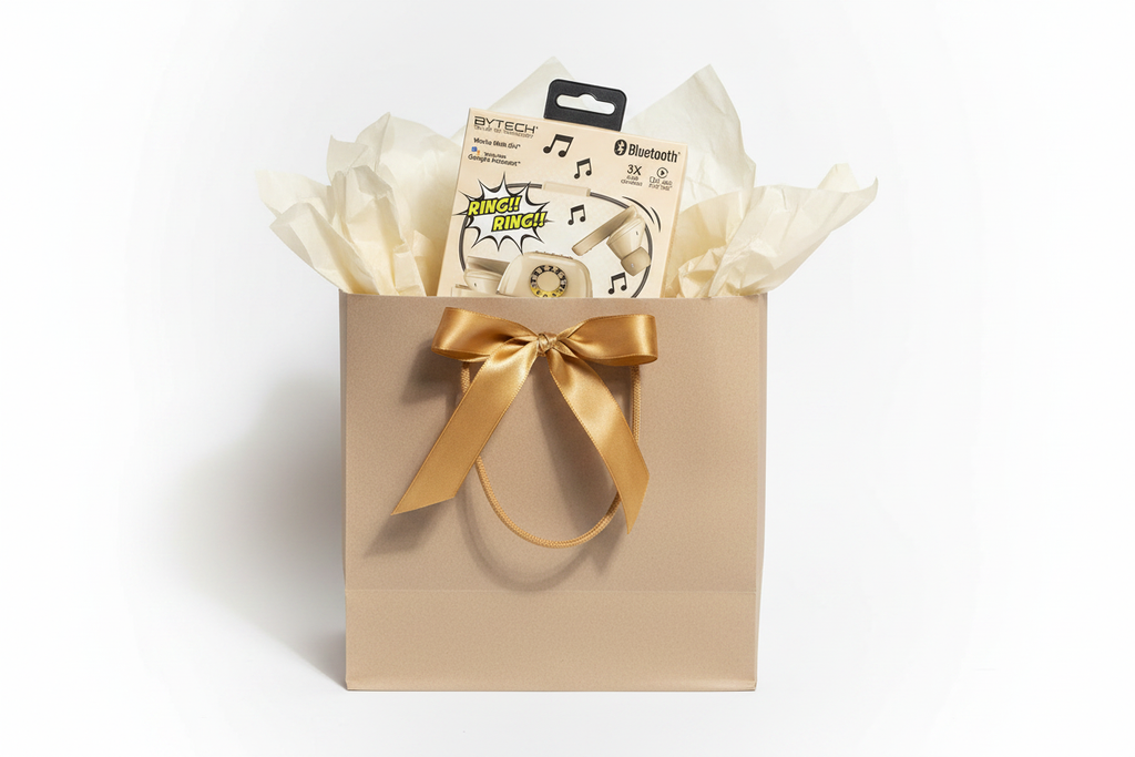 Bytech True Wireless Retro Earbuds beige as chic novelty gift in kraft gift bag with cream tissue paper and gold ribbon – More4less Outlet
