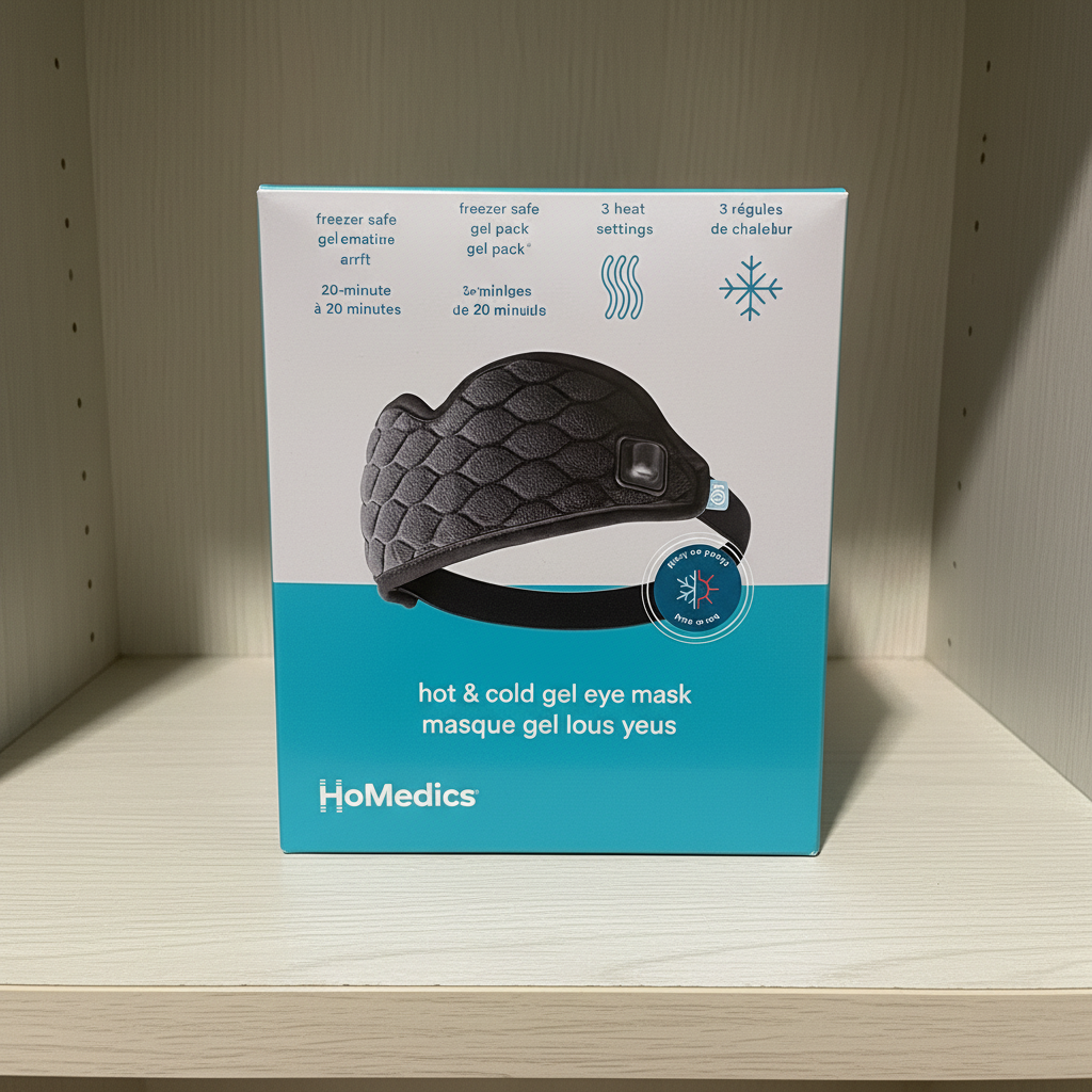 HoMedics Hot and Cold Gel Eye Mask retail box upright on a light wood shelf