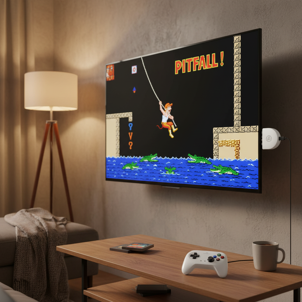 AtGames Activision Flashback Blast plugged into a modern TV in a cozy living room showing Pitfall on screen — More4less Outlet lifestyle image