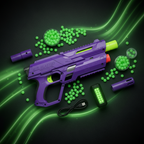 Gel Blaster Starfire purple toy blaster flat lay glow-in-the-dark green gellets two swappable barrels USB-C cable glow activator dark background neon green - More4less Outlet