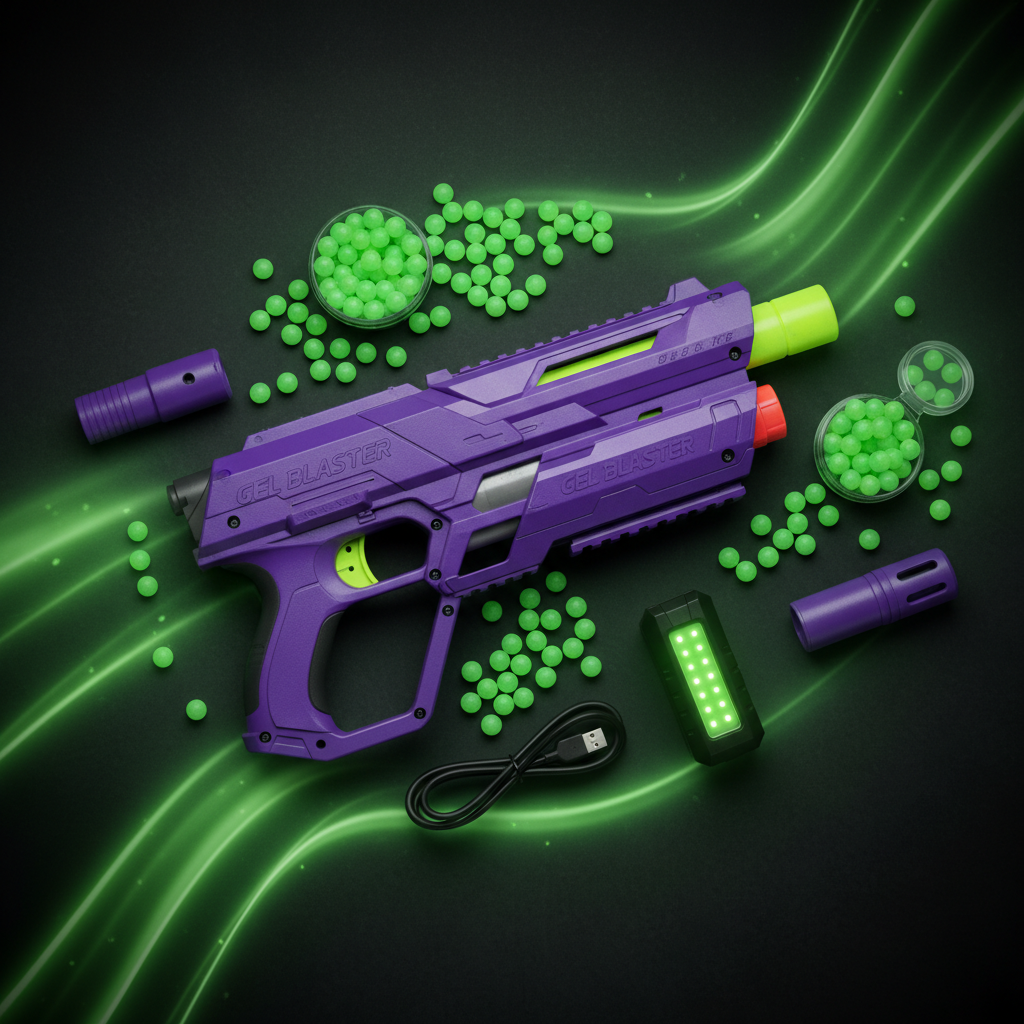 Gel Blaster Starfire purple toy blaster flat lay glow-in-the-dark green gellets two swappable barrels USB-C cable glow activator dark background neon green - More4less Outlet