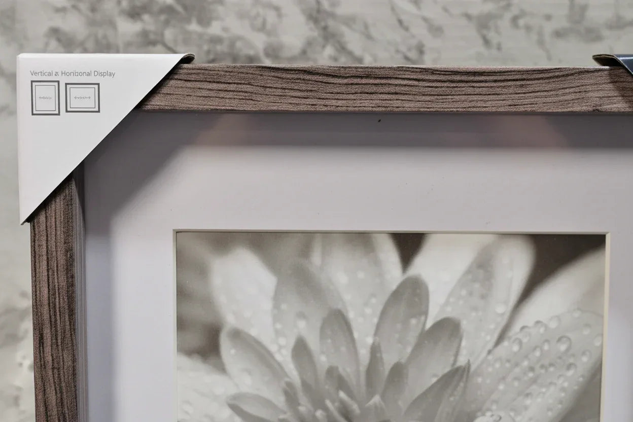 Close-up interior detail shot showing textured wood-grain frame finish and white matting