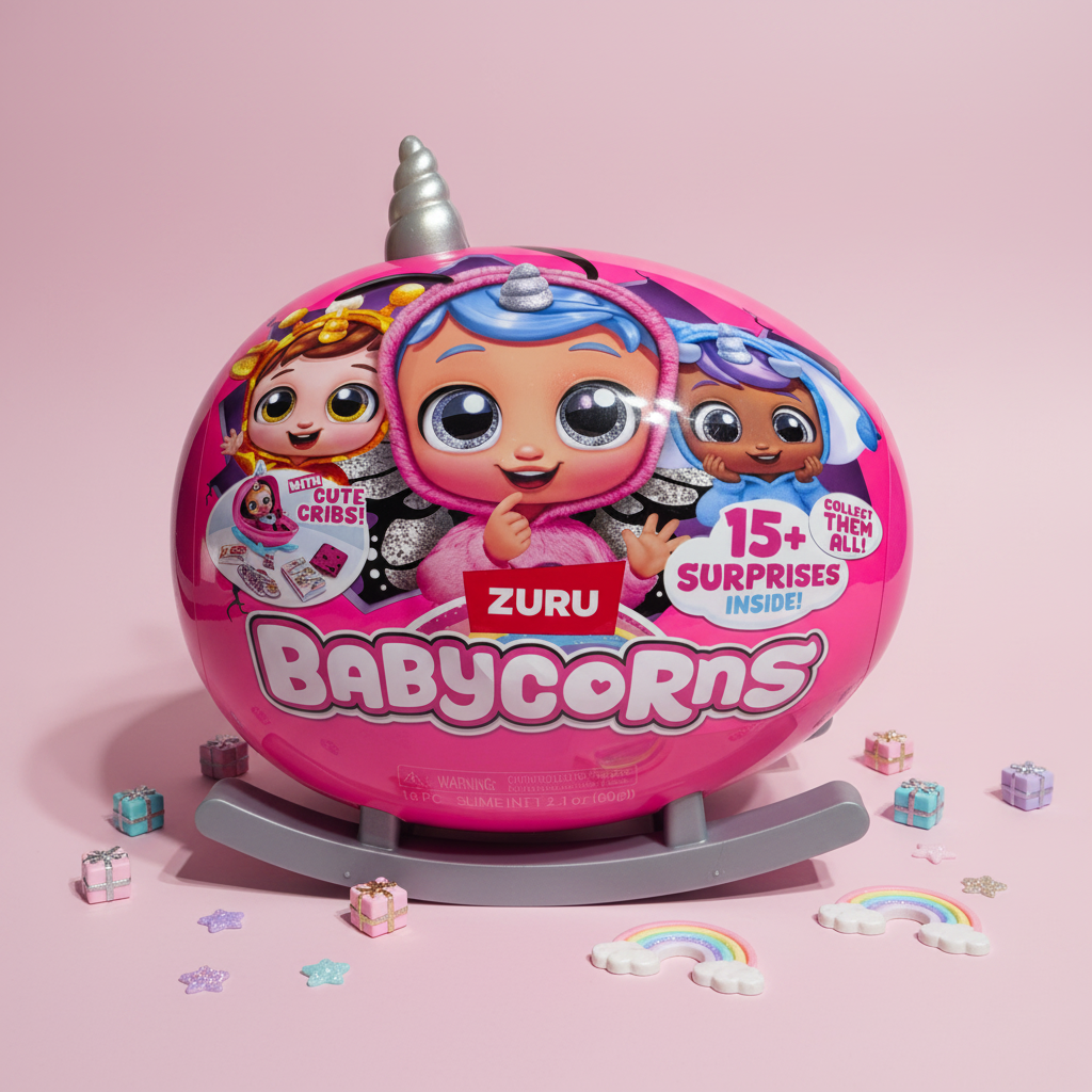 ZURU Babycorns pink surprise egg on pastel pink surface with rainbow star decorations and tiny gift boxes – More4less Outlet