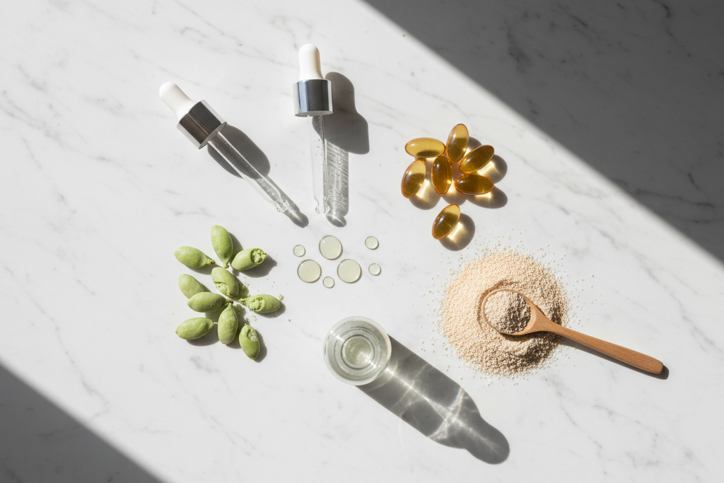 Glycerin drops pea protein pods vitamin E capsules and yeast amino acids flat lay curl care ingredients lifestyle photo