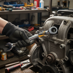 GEARWRENCH 1-1/4 inch ratcheting combination wrench gripped in a mechanic's gloved hand on an engine bolt