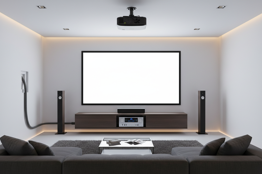 Sleek home theater with ceiling-mounted projector connected via in-wall HDMI cable to AV receiver
