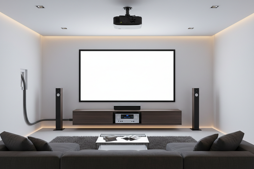 Sleek home theater with ceiling-mounted projector connected via in-wall HDMI cable to AV receiver