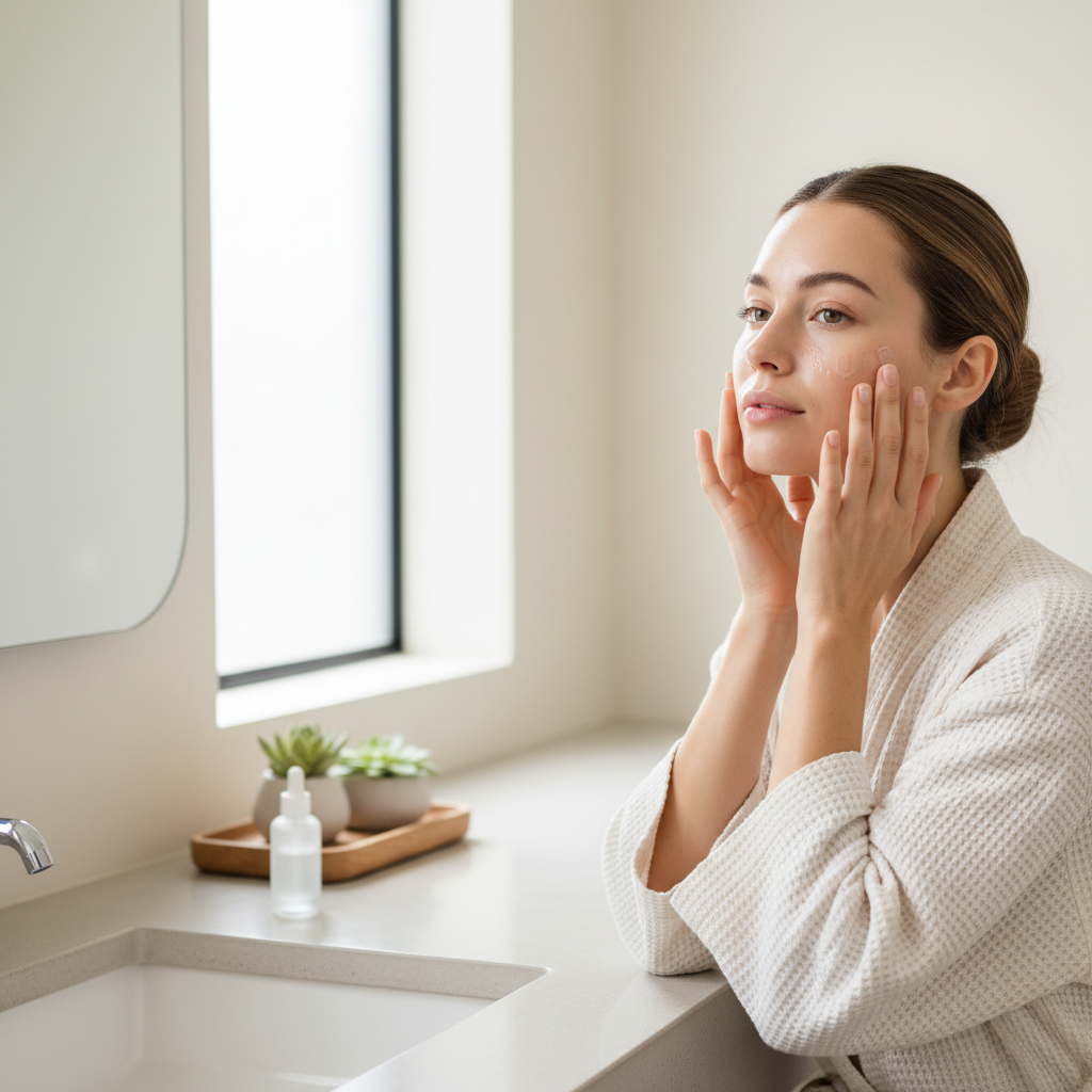 Woman applying tone correcting serum treatment in a bright bathroom