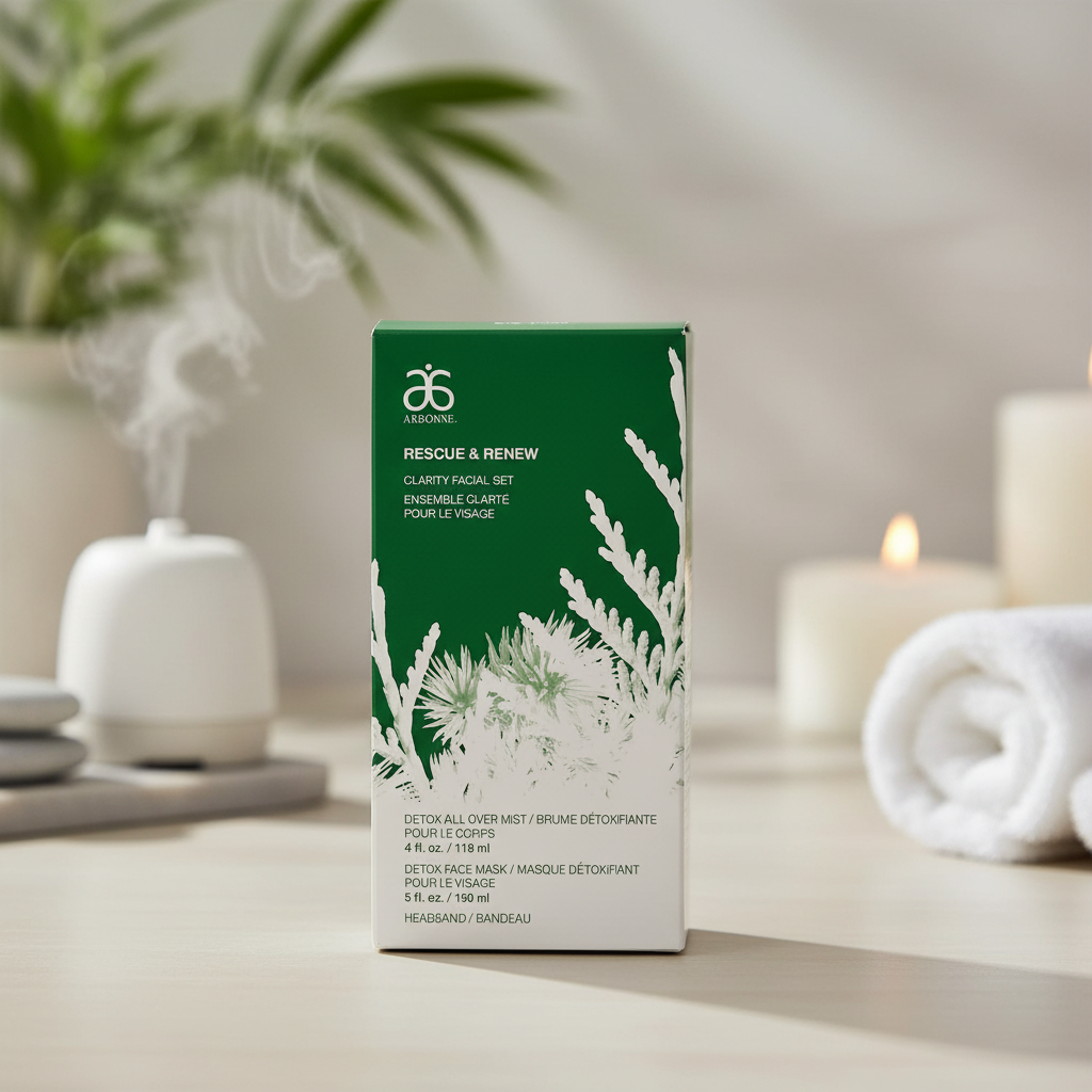 Arbonne Rescue & Renew Clarity Facial Set box in a neutral spa-style setting