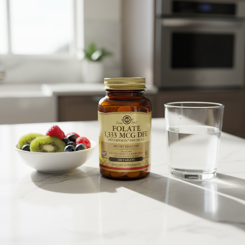 Solgar Folate 1333 mcg DFE on kitchen island morning setting with glass of water and bowl of fresh fruit
