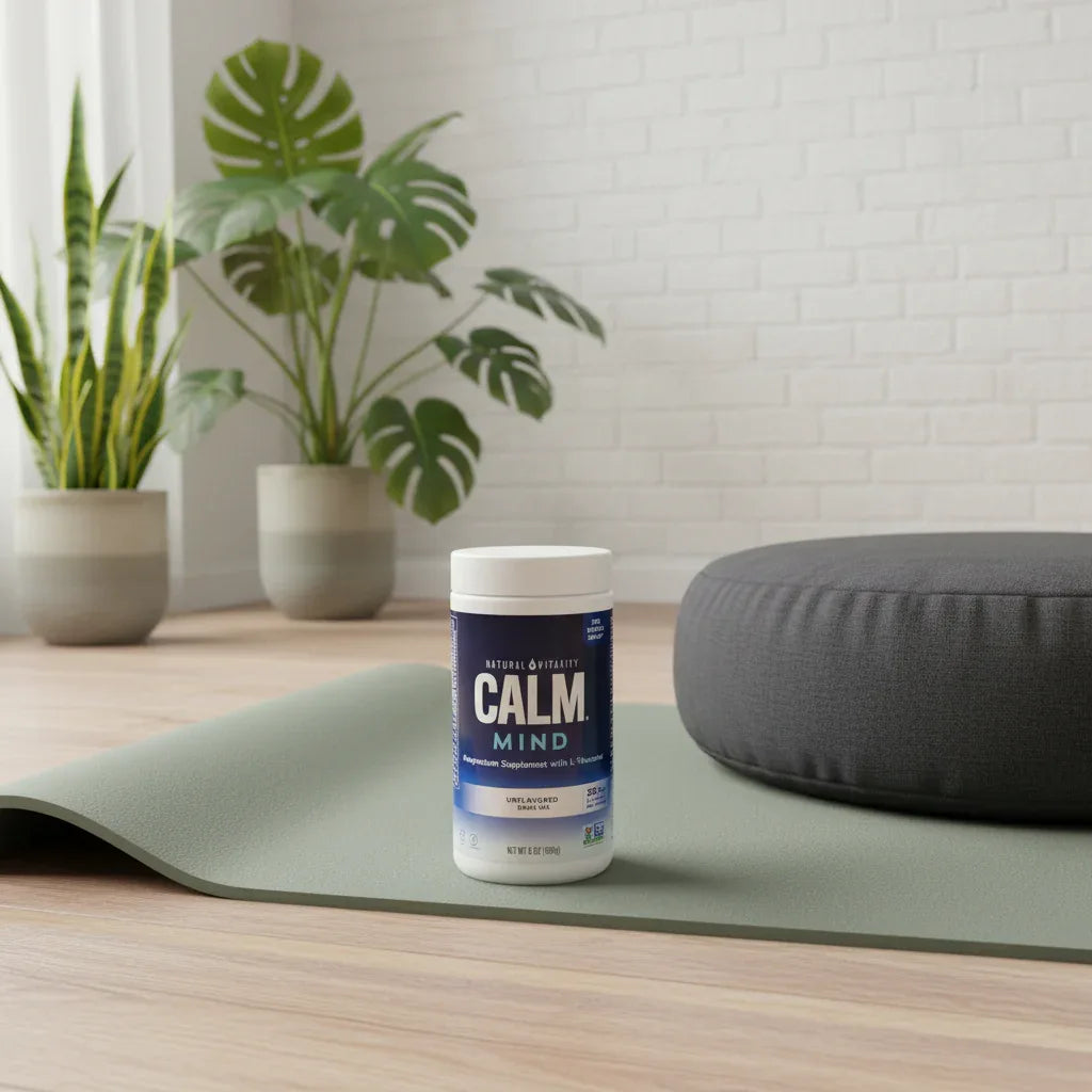 Natural Vitality Calm Mind canister in serene yoga space with yoga mat, meditation cushion, and plants.
