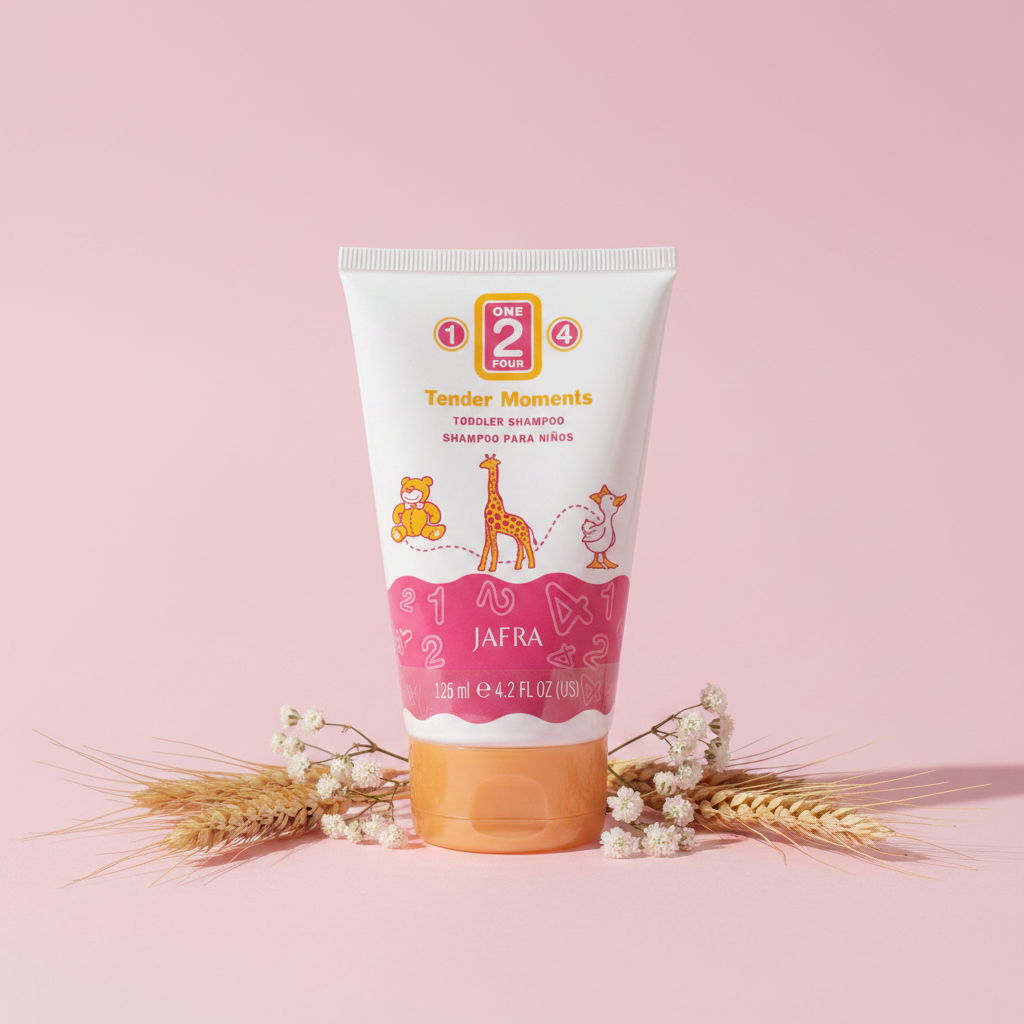 JAFRA Tender Moments Toddler Shampoo pastel pink editorial with wheat stalks – More4less Outlet