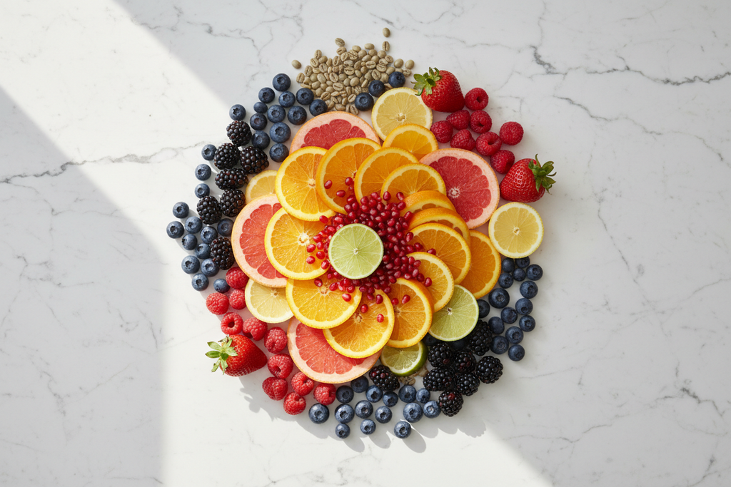 Fresh citrus fruits pomegranate seeds and green coffee beans - natural phytonutrient ingredients
