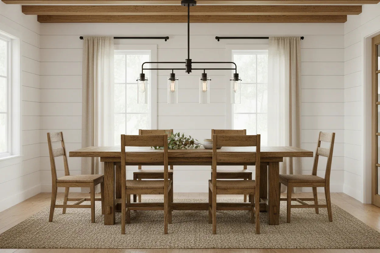 Better Homes and Gardens 4-light bronze island pendant over rustic farmhouse dining table
