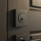 Kwikset square contemporary iron black deadbolt lock installed on modern dark wood front door – More4less Outlet