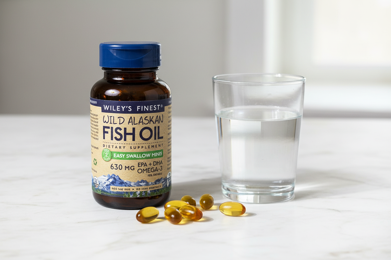 Wiley's Finest Easy Swallow Minis 60 fish oil bottle on white marble with softgel capsules and water glass – More4less Outlet