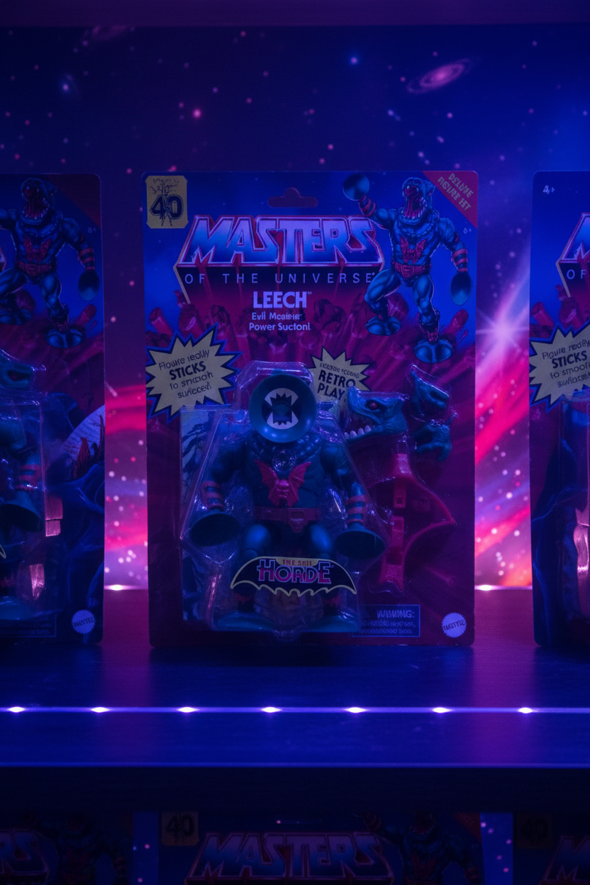 Masters of the Universe Origins Leech action figure in blister card on dark collector shelf with dramatic cosmic space lighting — More4less Outlet
