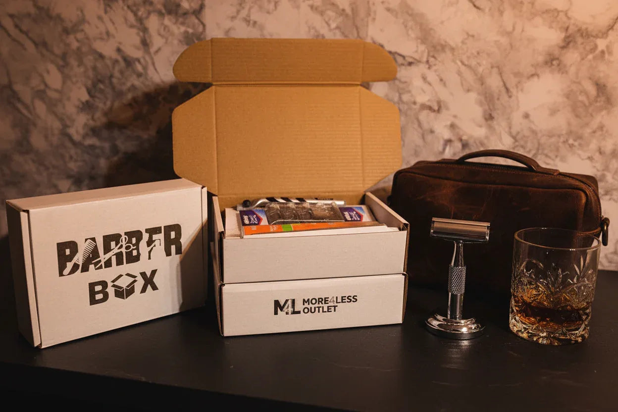 More4less Outlet Barber Box on dark slate countertop with leather dopp kit and whiskey tumbler — More4less Outlet