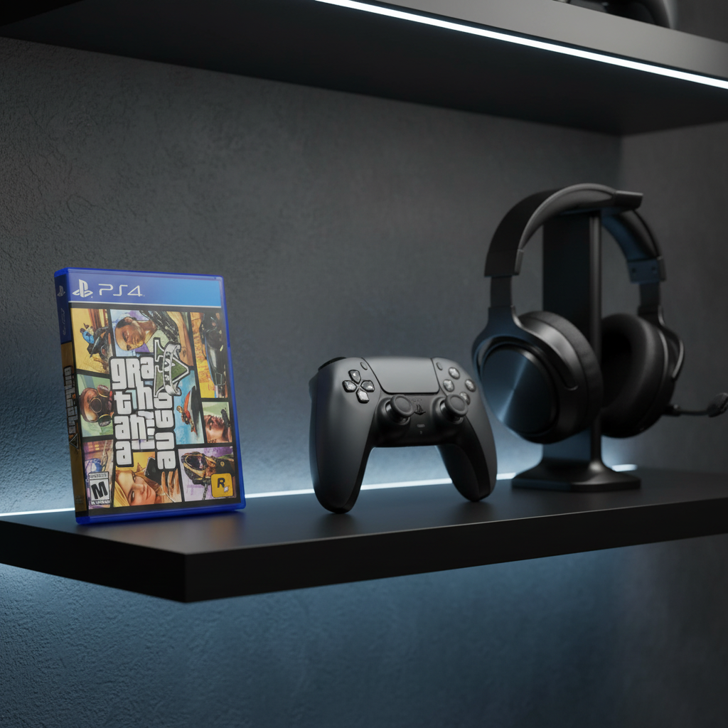 GTA V PS4 game case on LED-lit gaming shelf with dark gray controller and headset