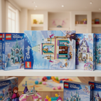 LEGO Disney Frozen Arendelle Frozen Castle set 43265 factory-sealed retail box on bright white playroom shelf alongside other colorful LEGO Disney sets and princess-themed toys — magical gift-ready lifestyle scene