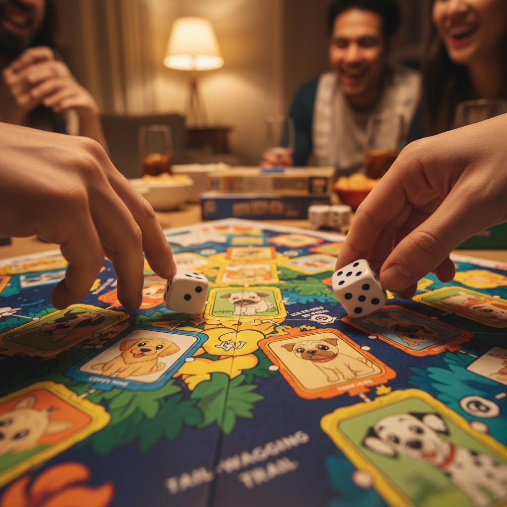 Close-up of hands rolling dice on a colorful dog-themed game board