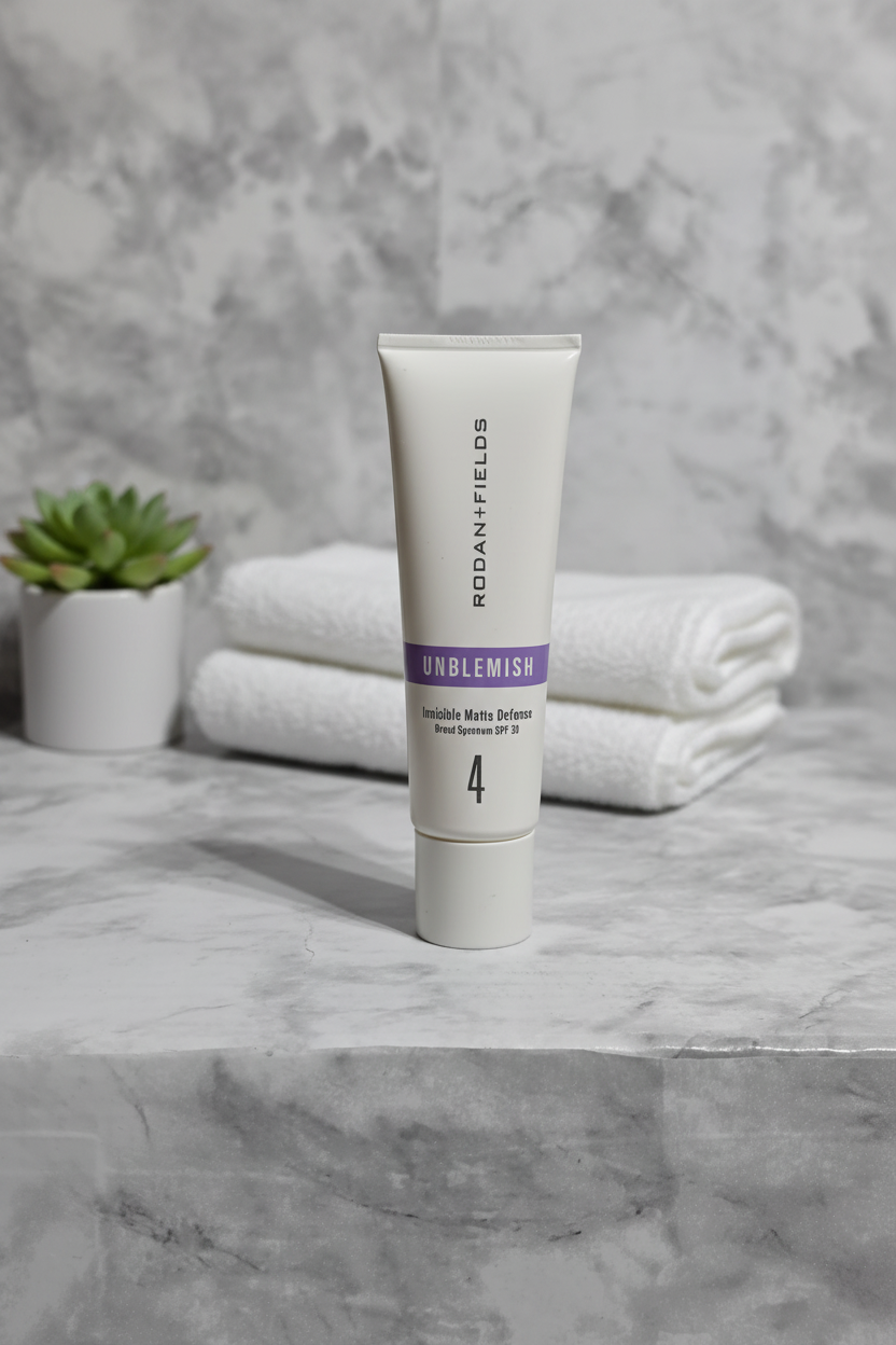 Rodan and Fields UNBLEMISH Invisible Matte Defense SPF 30 sunscreen tube on a marble bathroom counter with soft natural light and small green plant – More4less Outlet