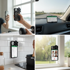Lifestyle collage of black suction cup phone case used at gym, in car, kitchen, and for video calling