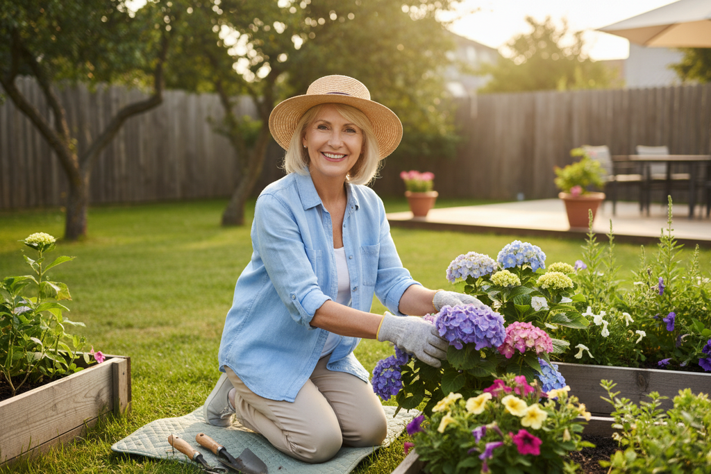 Woman in her 60s gardening in sunny backyard - active senior wellness and bone health lifestyle