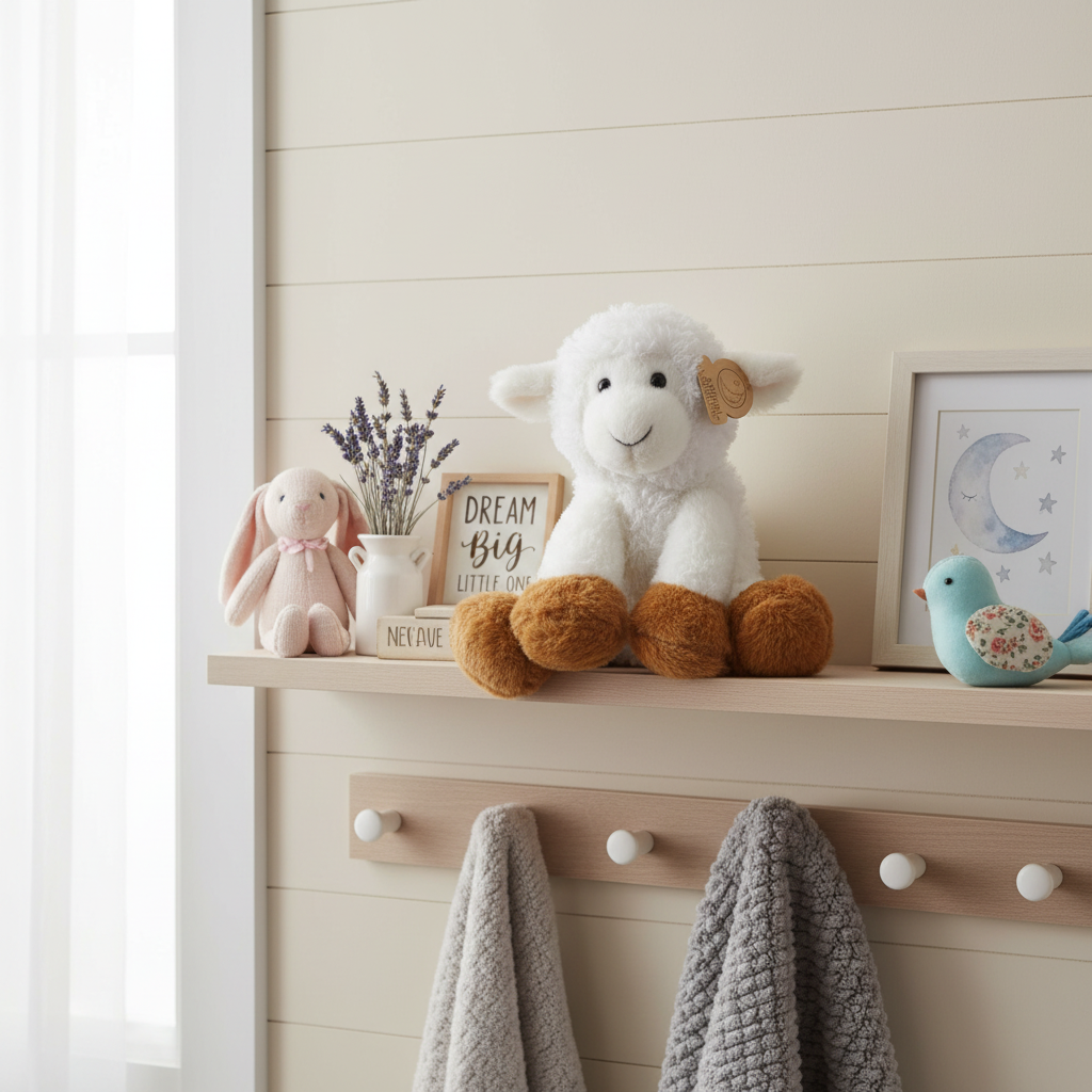 Animal Adventure White Lamb Plush on child nursery shelf with soft pastel farmhouse decor - More4less Outlet