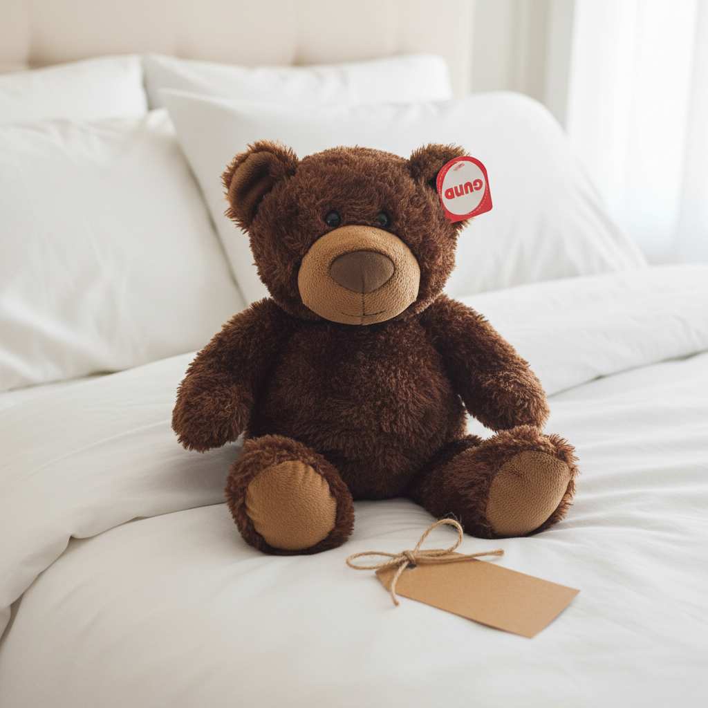 GUND Philbin Chocolate Brown Teddy Bear displayed as timeless gift on white bedding with kraft paper gift tag - More4less Outlet