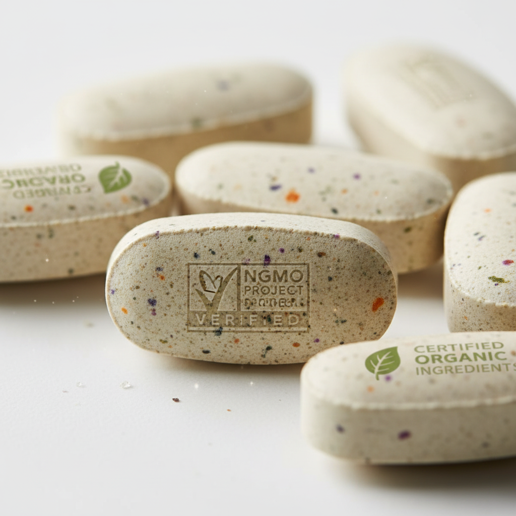 Macro close-up of Non-GMO certified dietary supplement tablets with whole food ingredients on white background – More4less Outlet