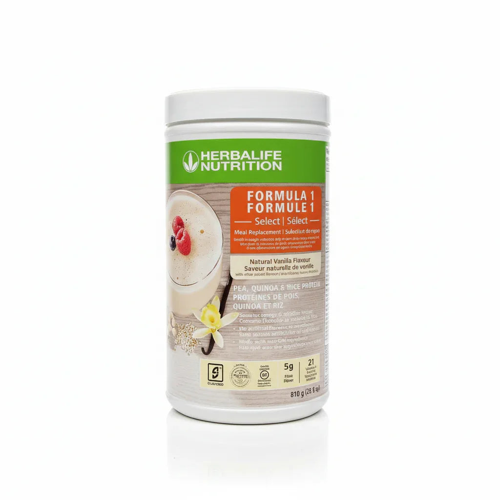 Bright white studio photography of Herbalife Formula 1 Select Natural Vanilla shake canister showing label detail