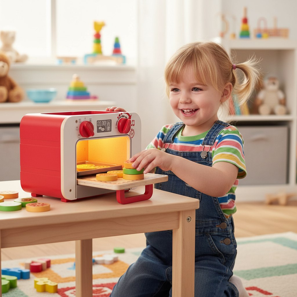 Happy young child placing colorful play cookies into Hape My Baking Oven red white wooden toy with glowing interior on playroom table