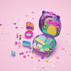 Polly Pocket Mom and Baby Hedgehog Purse Playset by Mattel open on a pastel pink surface with confetti, flowers, and sparkle gems – More4less Outlet