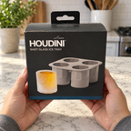 AI-generated hands holding the box scene of the boxed Houdini four-cavity shot glass ice tray.