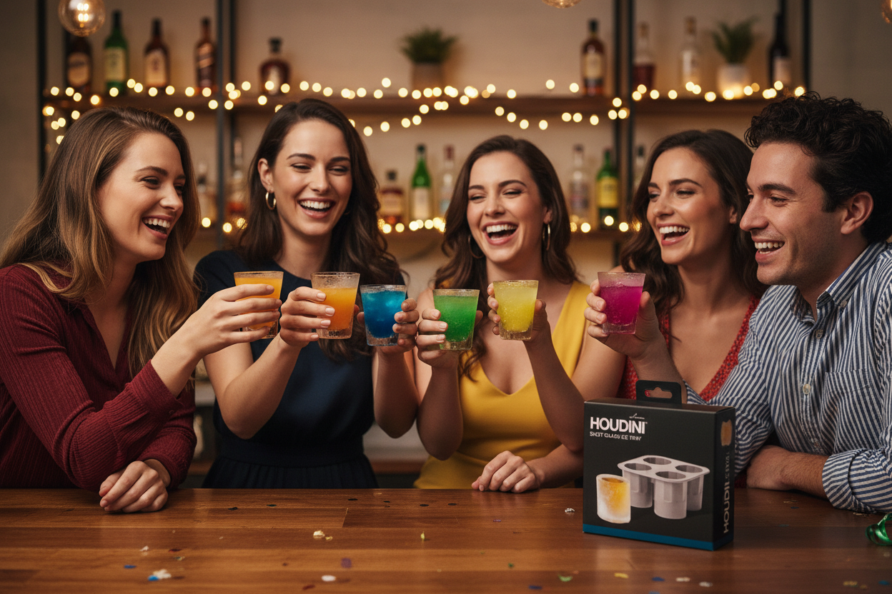 Friends at home bar holding Houdini ice shot glasses with colorful cocktails party scene - More4less Outlet