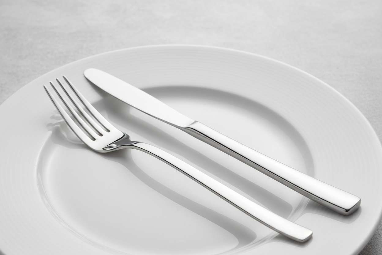 Close-up of a high-polish mirror-finish silver fork and knife on white dinnerware in soft clean studio lighting