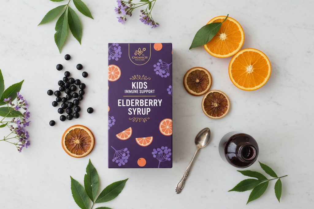 Flat lay of elderberry syrup box next to fresh dark elderberries, sliced oranges, and a small spoon on marble