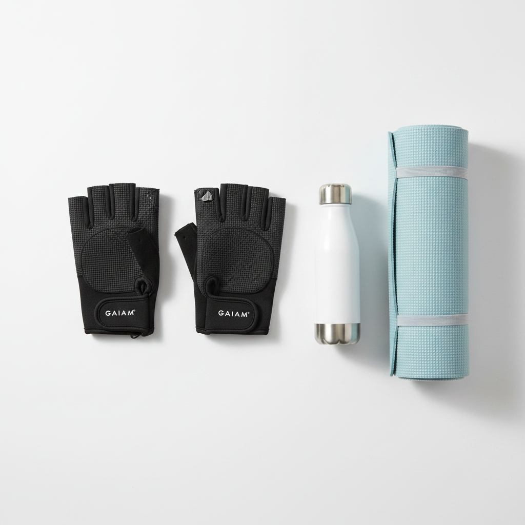 Gaiam black fitness gloves on white surface next to rolled yoga mat and white water bottle – More4less Outlet