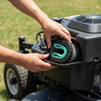 Hands installing Kohler Genuine Parts oval Air Filter with green foam pre-cleaner into Kohler Confidant engine housing