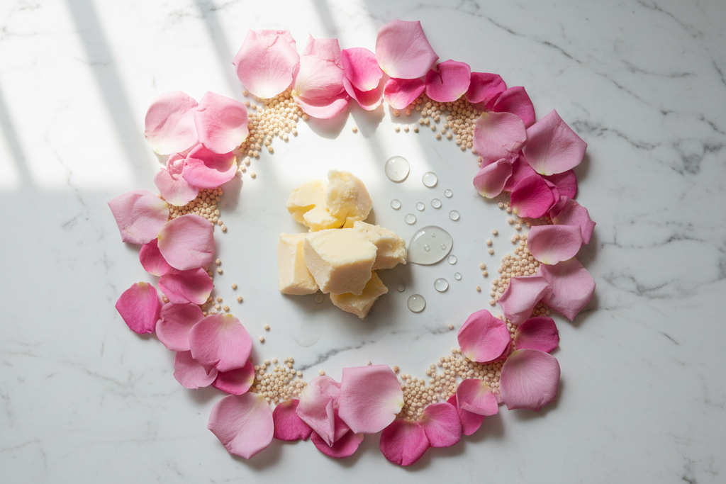 Shea butter chunks glycerin drops pink rose petals and palm kernels flat lay bar soap ingredients lifestyle photo