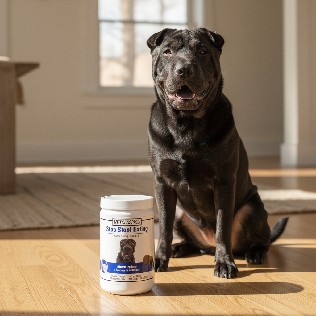 VetClassics Stop Stool Eating supplement tub on hardwood floor with dark Shar Pei dog sitting beside it